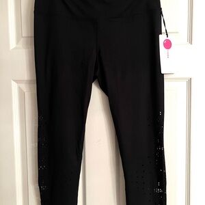 NEW Yogalicious Black Leggings w/ perforated design on leg. Sz Large. MSRP $78.